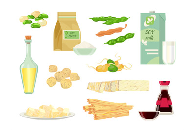 Cartoon soy food, beans, oil, milk, sauce and tofu. Healthy green spro