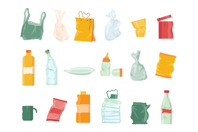 Plastic garbage pollution, bags, bottles, disposable tableware and pac