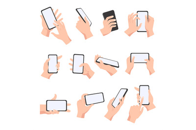 Cartoon female or male hands hold smartphones with empty screens. Phon