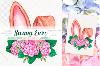 Watercolor Easter Bunny ears / Watercolor Print and Clip Art