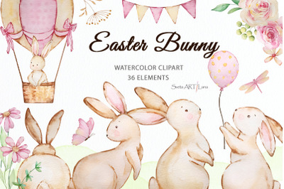 Watercolor cute easter bunny clipart