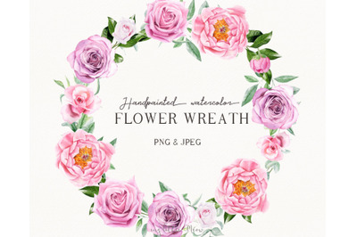 Pink rose peony flower wreath watercolor clipart #w98
