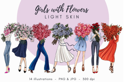 Girls with Flowers - Light Skin Watercolor Fashion Clipart