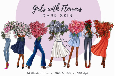 Girls with Flowers - Dark Skin Watercolor Fashion Clipart