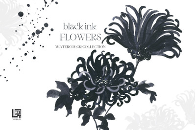 Black Ink Flowers Watercolor Clipart
