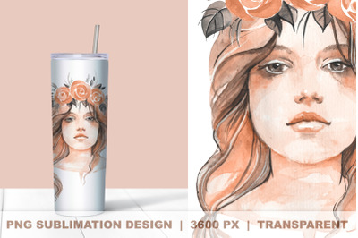 Watercolor girl in wreath. PNG sublimation design