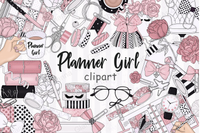 Planner Girl Clipart | Pink Office Illustration