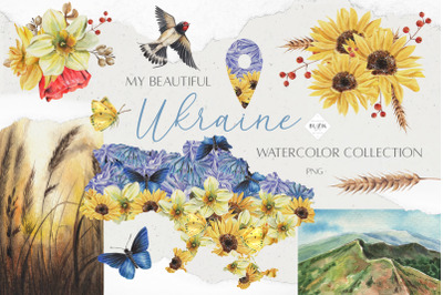 Beautiful Ukraine watercolor. Spring clipart, frames, patterns PNG