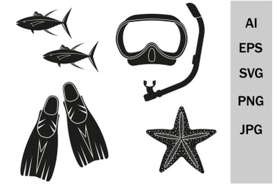 Mask and fins for swimming svg fish svg starfish svg