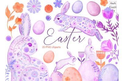 Easter folk bunny clipart, eggs clipart.
