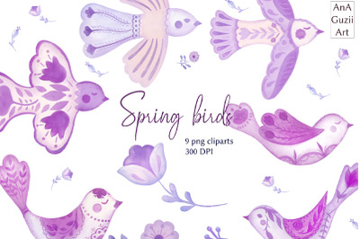 Folk birds clipart, watercolor spring clip art, easter clipart.