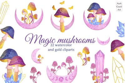 Watercolor Magic Mushroom clipart. Witchy Crystal clip art. Mystical M