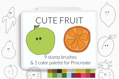Cute fruit Procreate stamp brushes. Fruit doodle kawaii stamp brushes