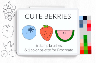 Cute berries Procreate stamp brushes. Berries doodle kawaii stamp brus