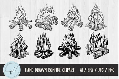 Hand-drawn Black and White Bonfire Clipart | 8 variations