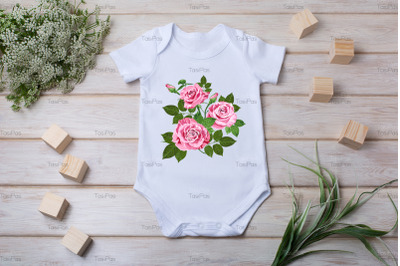 White baby short sleeve bodysuit mockup with green grass and white flo