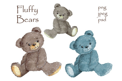 Cute fluffy teddy bears. Watercolor illustrations.