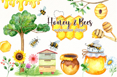 Honey and Bees clipart Bundle | watercolor bee png.