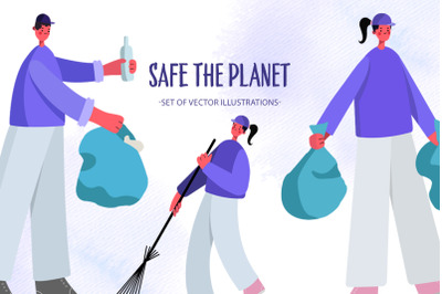 Safe the planet set of vector illustrations, AI format