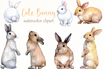 Watercolor Bunny clipart Bundle | Easter cute animals png clip art.