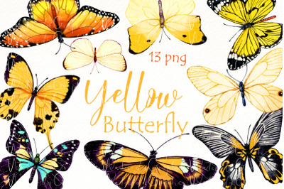 Watercolor Butterfly Clipart bundle |  Yellow butterfly PNG clip art.