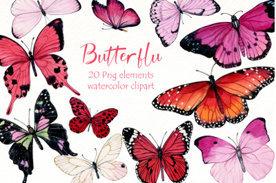 Watercolor Butterfly Bundle Clipart | Pink butterfly PNG clip art.