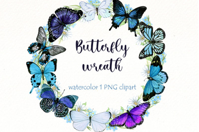 Watercolor Butterfly Clipart | Blue butterfly PNG wreath.