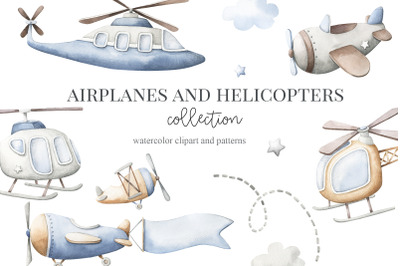 Airplanes and helicopters watercolor set