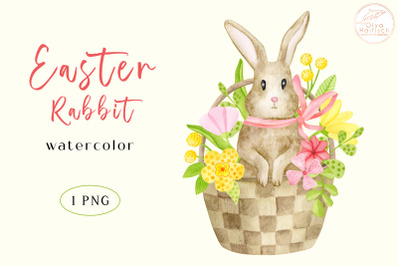 Watercolor Spring Rabbit in Floral Basket Clipart. Easter Bunny PNG