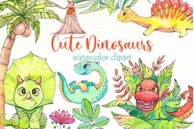 Watercolor Dinosaurs clipart Bundle | Cute dino png, animal lip art.