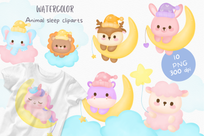 Sleeping baby animals watercolor kawaii clipart baby shower