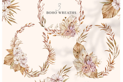 Watercolor boho wedding floral wreaths clipart - 3 png files