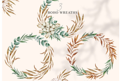 Watercolor boho wedding floral wreaths clipart - 3 png files