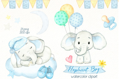 Baby Elephant watercolor clipart Bundle | Cute safari animal png.