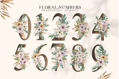 Watercolor floral numbers clipart - 10 png files