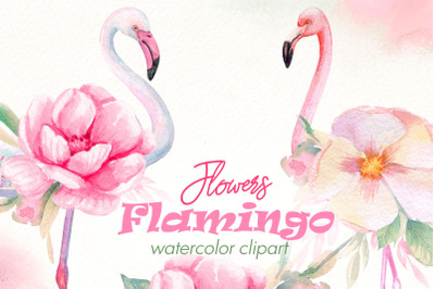 Flowers Flamingo clipart PNG Bundle | Watercolor tropical.