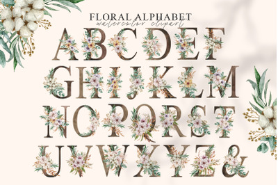 Watercolor floral alphabet clipart - 27 png files