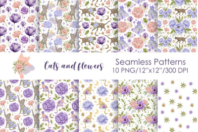 Watercolor cats and flowers seamless patterns 2