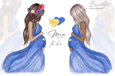 Pregnancy Clipart, Stand with Ukraine, Blue and Yellow, Mom to be