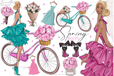 Fashion girl clipart, Spring Bicycle clipart, Flowers peony and tulips