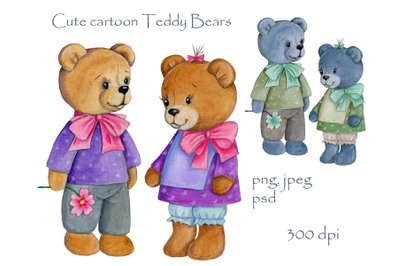 Cute  cartoon Teddy Bears couple. Watercolor illustration.