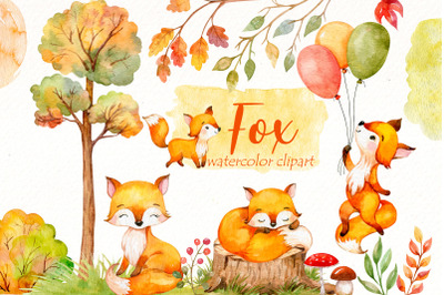 Cute Fox clipart Bundle | Watercolor Fall landscape Png.