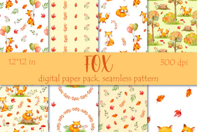 Watercolor Fox | Fall seamless pattern | animals paper pack.