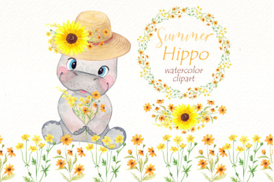 Baby Hippo watercolor clipart Bundle | Safari animal Png.