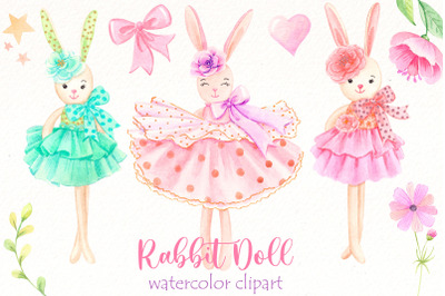 Rabbit Doll Png clipart Bundle | Watercolor bunny clip art.
