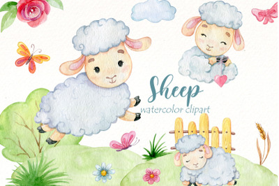 Cute Sheep Clipart, Watercolor Farm animal Bundle |  Baby Lamb png.
