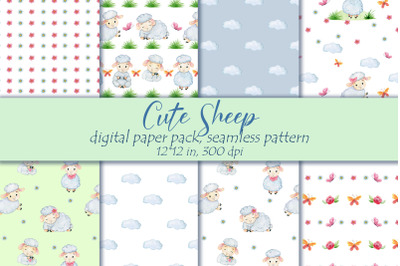 Cute Sheep digital paper, Farm seamless pattern, animal jpeg.