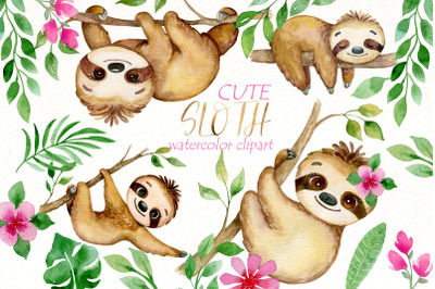 Cute Sloth tropical clipart Bundle | watercolor baby animal