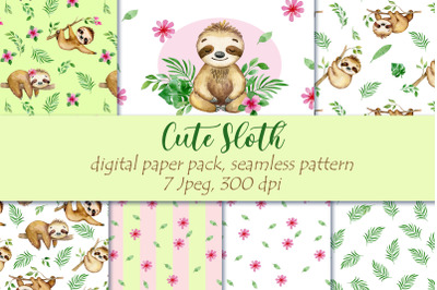 Sloth Digital Paper, Watercolor Cute Animal Digital papers.