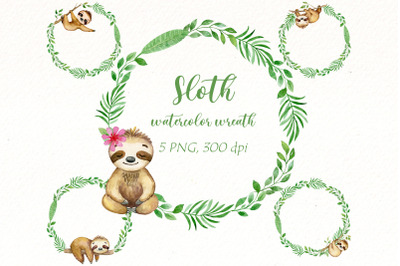 Sloth watercolor wreath clipart, Cute animal PNG clip art.